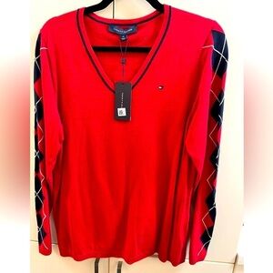 new Tommy Hilfiger Red V neck sweater ornament for women Size OX